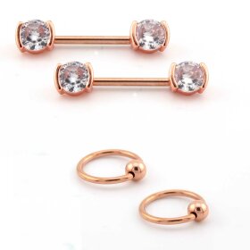 Nipple piercing jewelry set bezel - with 2 crystal barbells and two clamping rings with ball - rose gold
