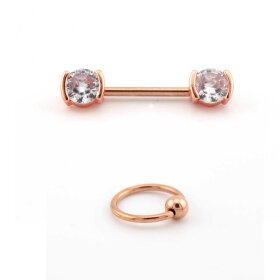 Nipple piercing jewelry set bezel - crystal Barbell andCaptive Bead Ring- rose gold