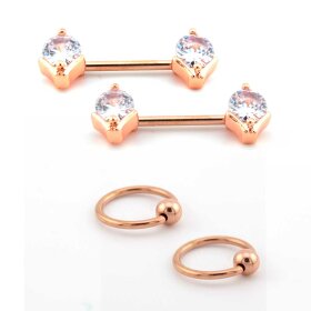 Nipple piercing jewelry set Prong - with 2 crystal barbells and two clamping rings with ball - rose gold