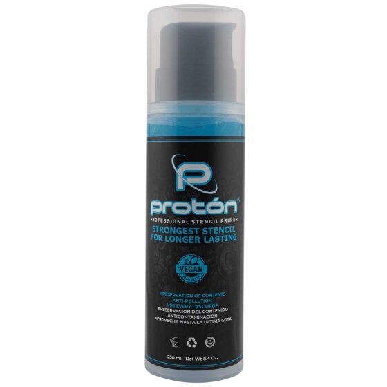 Proton Airless Stencil Primer 250ml in blue for secure transfer and fixation of your tattoo stencil 1200x1200.jpeg